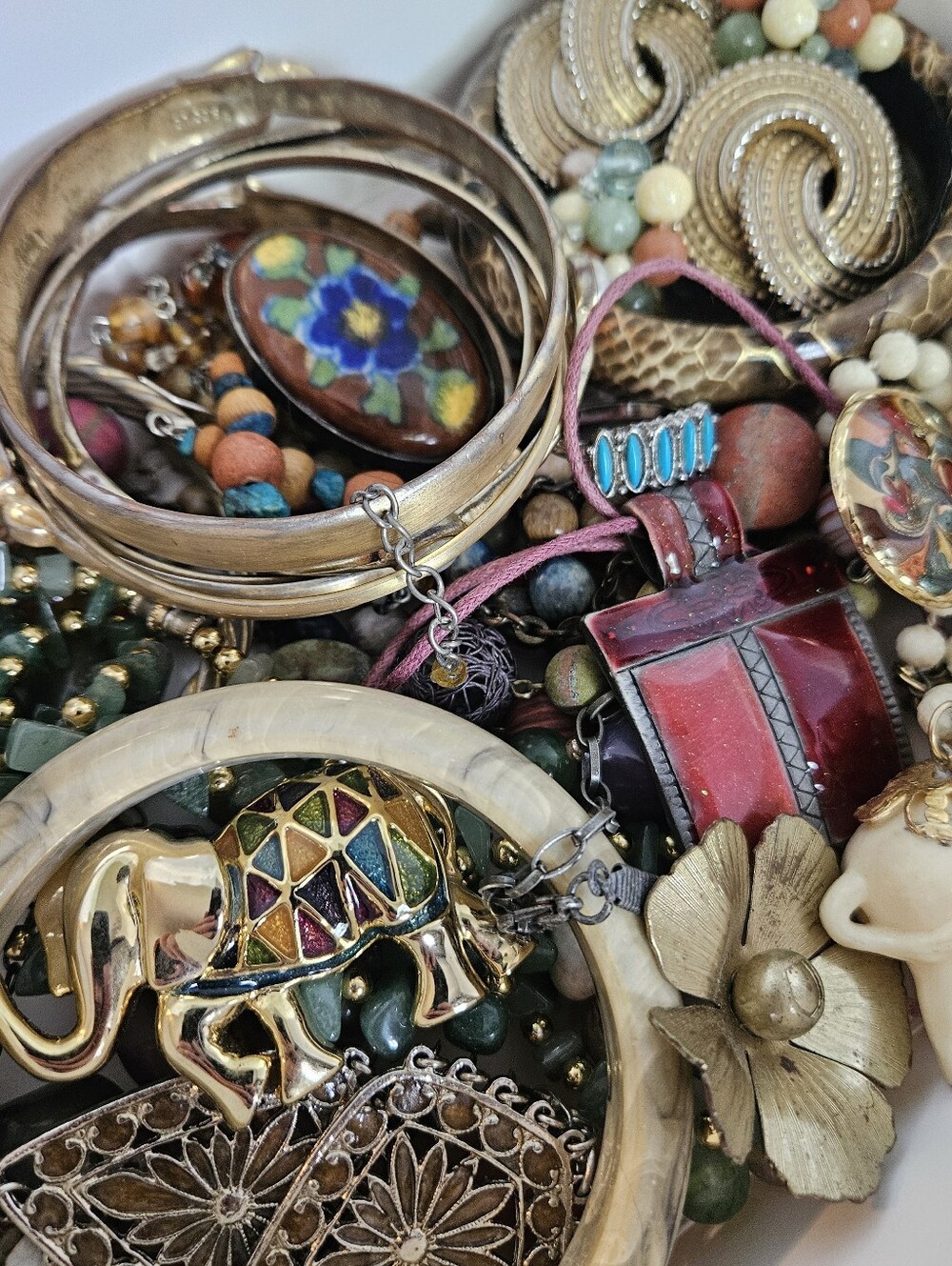 Estate Jewelry Lot Bohemian Eclectic Muted Colors Beads And Mixes Metals